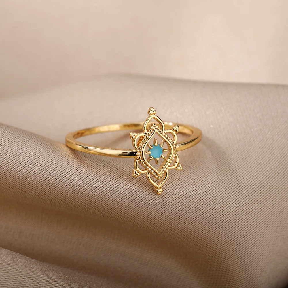 Opal Hexagonal Star Flower Ring Stainless Steel Hollow Out Pattern Geometry Ring