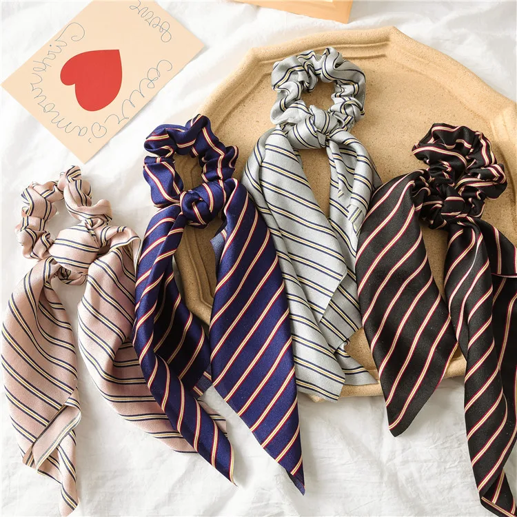 Retro square scarf knotted ponytail head hair ornament retro big bow elastic knot ribbon hair ring hair bander satin hair ring