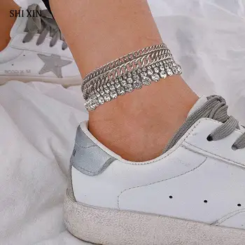 

SHIXIN 5Pcs Multi Layer Crystal Ankle Bracelet on the Leg Charms Rhinestones Anklet for Women Chain on Foot foot Bracelet Female