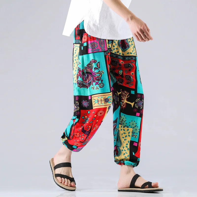 

2019 Summer Ethnic-Style Flax Casual Pants Retro Ankle Banded Pants Printed Cotton Pants Loose-Fit Men Capri Pants Sub-