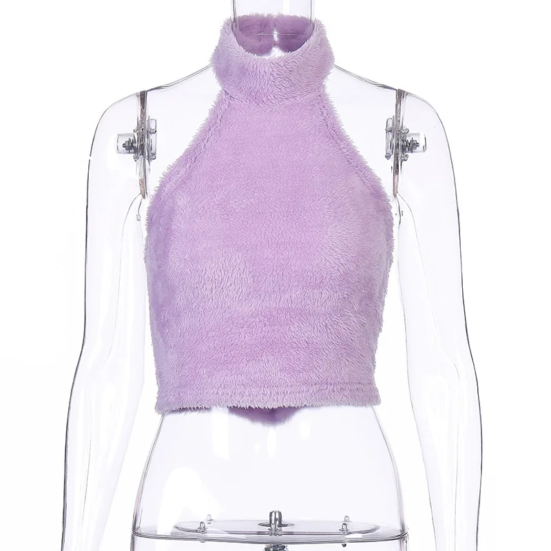 LVINMW, сексуальный фиолетовый флисовый короткий топ на бретелях, осенне-зимний женский модный топ с открытыми плечами, женские топы, уличная одежда