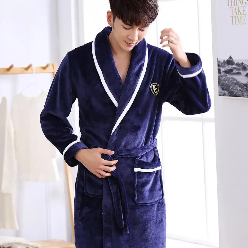 Winter Men's Bathrobe Nightgow Thick Warm Coral Fleece Bath Robe Mens Kimono Dressing Gown Male Homewear Sleepwear Nightwear - Цвет: 001