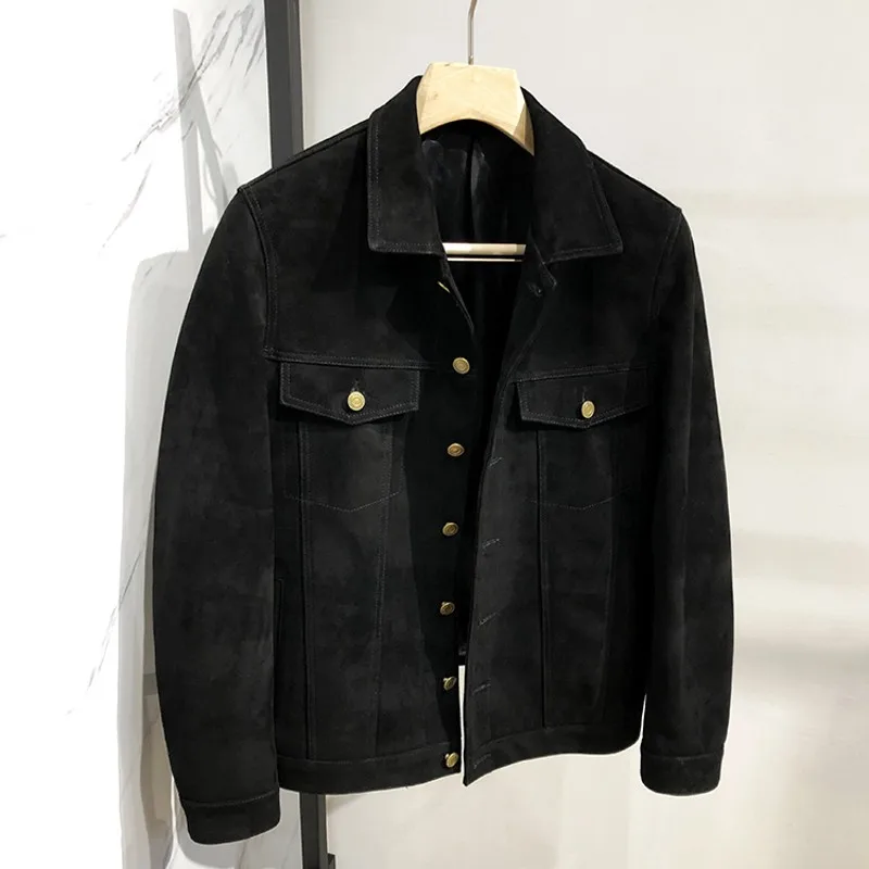 Autumn Winter New Mens Kid Suede Genuine Leather Biker Jacket Turn-Down Collar Short Slim Outerwear Single Breasted Coat men's genuine leather coats & jackets