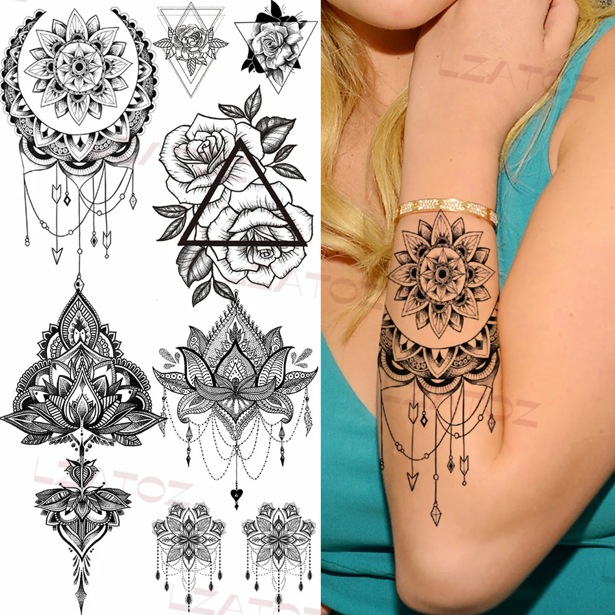 

Geometric Mandala Pendant Temporary Tattoos For Women Adult Rose Lotus Realistic Fake Tattoo Custom Armband Sexy Washable Tatoos