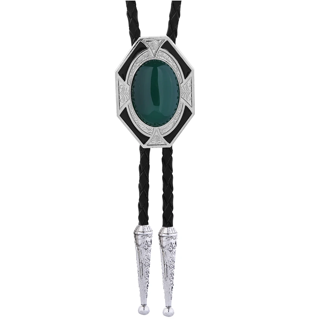 

Time and space three-dimensional emerald bolo bow tie leather rope necklace men and women fashion bow tie