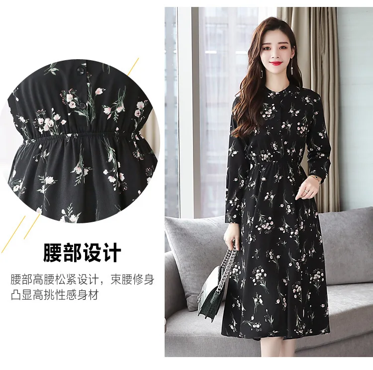 Free Postage Send Photo Shoot plus Velvet Floral-Print Chiffon Dress Thick Warm Base Skirt Women's T9152