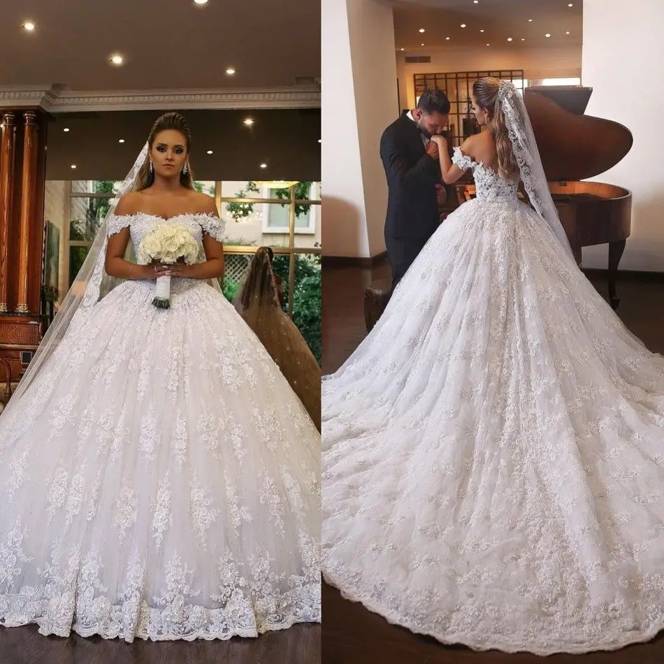 Robe De Mariage Роскошные шикарные белые свадебные платья с открытыми плечами и блестками кружевные свадебные платья для невесты Vestido De Novia
