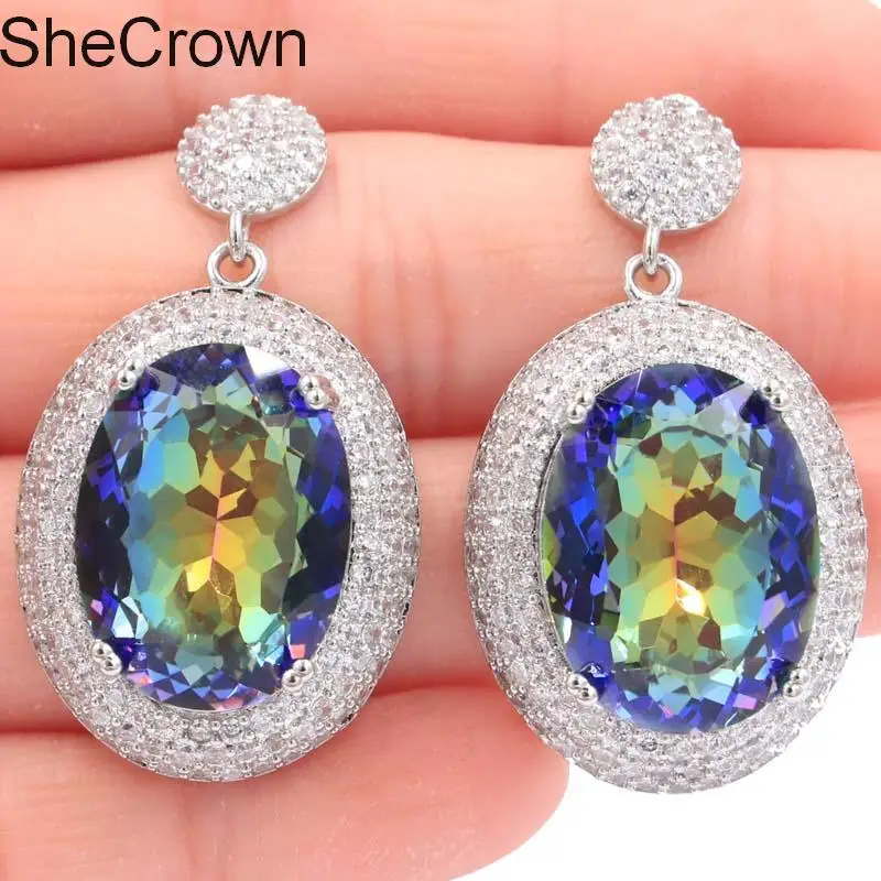 

Dazzling Big Heavy 16.7g 20x15mm Oval Fire Rainbow Mystic Topaz Natural CZ Woman's Silver Earrings 40x22mm