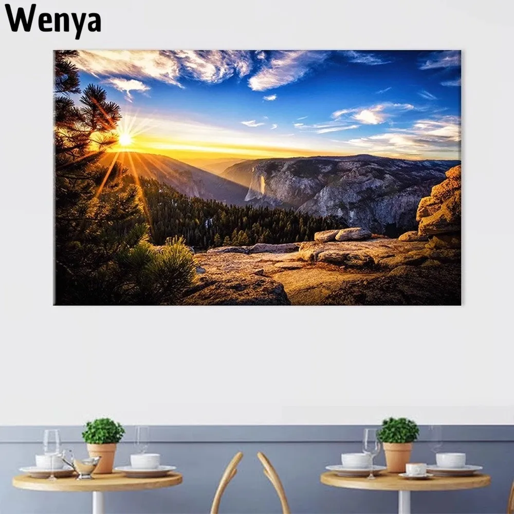 Mountain Top Sunrise Landscape Canvas Painting Nature Sunlight Blue Sky White Cloud Poster Home Decoration Wall Art Pictures | Дом и сад