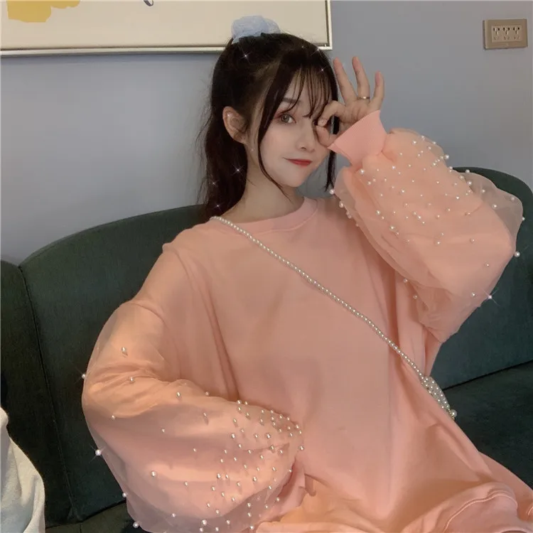 Осенняя Женская толстовка с капюшоном Babydoll Kawaii Nets Пряжа Бисероплетение топы студенческие свободные однотонные топы с длинными рукавами