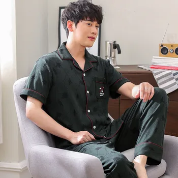 

Pajamas Men Summer Pure Cotton Short Sleeve Trousers Korean-Style Teenager Simple Loose And Plus-Sized Homewear Set Home Wear
