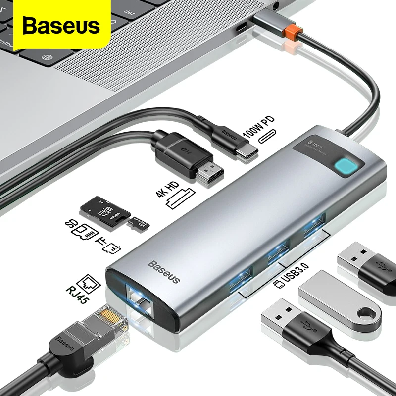 Baseus USB C HUB to HDMI-compatible Adapter RJ45 Card Reader USB 3.0 PD 100W Type C Docking Station For Macbook Pro Surface iPad