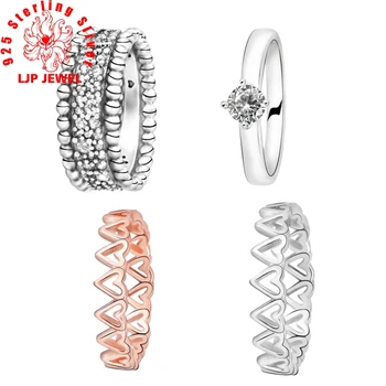 

2020 NEW Authentic 925 Sterling Silver Rings Freehand Hearts Clear Heart Solitaire Beaded Pave Band Rings Jewelry