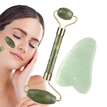 

2 in 1 Green Roller and Gua Sha Tools Set by Natural Jade Scraper Massager with Stones for Face Neck Back and Jawline
