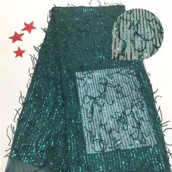 

2019 high quality tulle lace fabrics with sequins for wedding dress Luxury french sequin laces fabrics 5yards/lot green