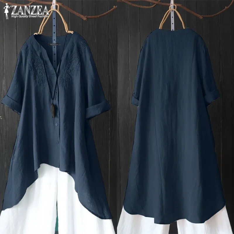 Autumn Embroidery Tops Women's Asymmetrical Blouse ZANZEA Vintage 3/4 Sleeve Shirts Female Button Solid Blusas Casual Tunic