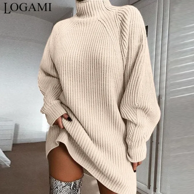 

LOGAMI Turtleneck Sweater Dress Solid Loose Casual Mini Autumn Winter Dress Women Long Sleeve Knitted Jumper Dress Knitwear