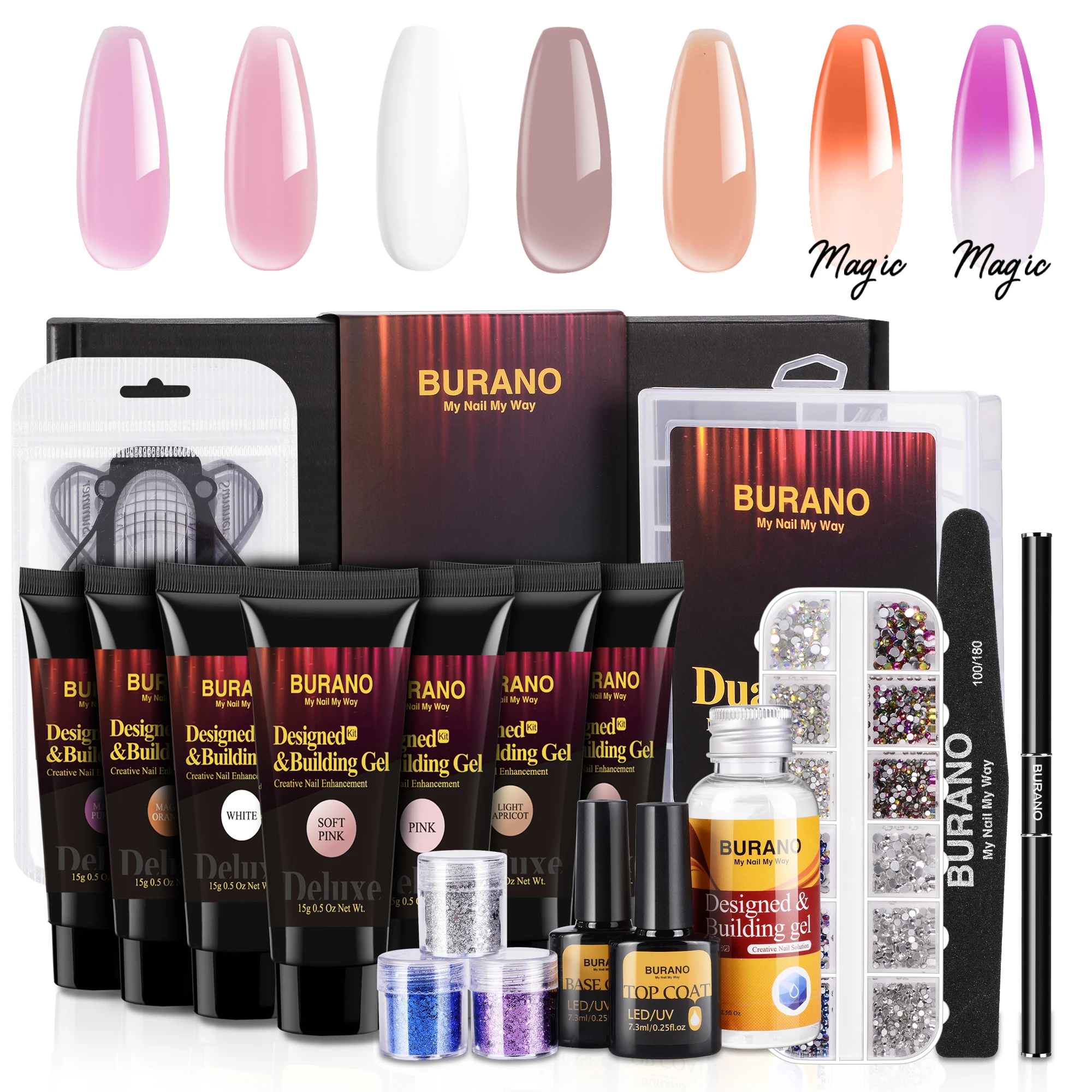 BURANO Делюкс поли гель для ногтей Starter Kit с 7 цветов Уход за ногтями УФ-гель 3 Коробки для УФ гель лак для ногтей, пайетки, Стразы ab Crystal, Температура Цвет изменение наращивание ногтей расширение комплект с скольжения раствор