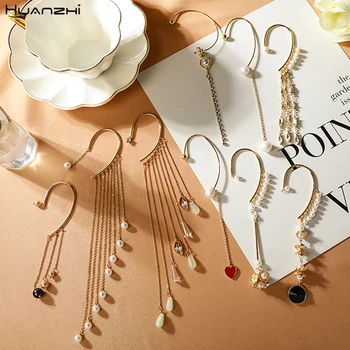

HUANZHI 2020 New Ethnic Rhinestone Pearls Crystal Long Chain Tassel Statement No Pierced Clip Earrings for Women Banquet Jewelry