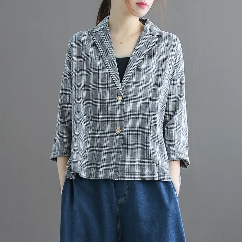 

Ancient Coffee Clothing New Style Literature And Art Retro Cotton Linen Thin Tops Women's Loose-Fit Slimming Three-quarter-lengt