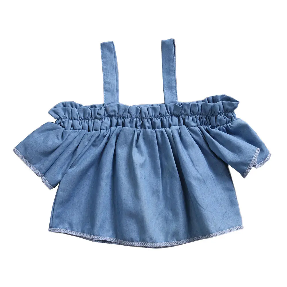 Solid Cold Shoulder Buttons Decor Denim Shirt Top For Toddler and Baby Girl
