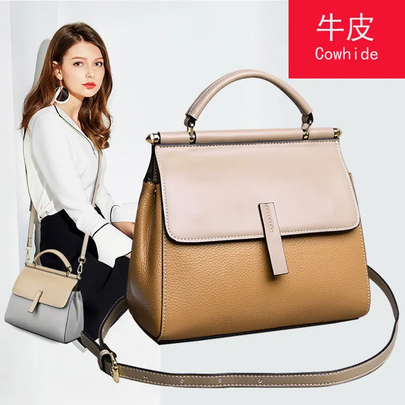 

New Style Double-Sided Contrast Color WOMEN'S Bag Ol Commuting Workplace Simple Hand Shoulder Oblique Bag Genuine Leather Wide-S