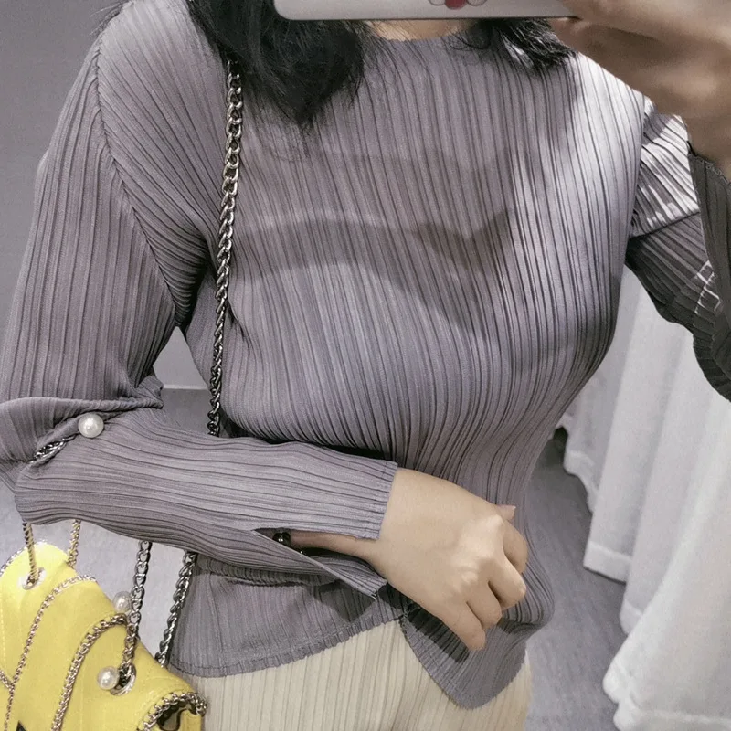 MIYAKE плиссированная Базовая футболка с разрезными манжетами, круглый вырез, длинный рукав, большой размер, Тонкий Топ, плиссированная футболка