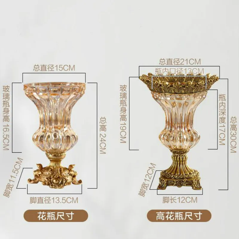 Retro European Style Golden Crystal Glass Carved Vase Artificial Flowers in  Vase Set