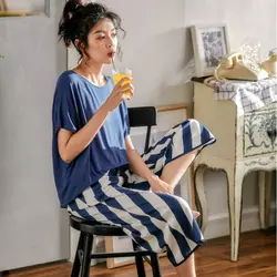 2019 Хлопковая пижама женская летняя тонкая, с коротким рукавом брюки пижамы свежий сладкий Досуг Свободная Домашняя одежда полосатая