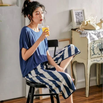 

2019 Cotton Pajamas Women Summer Thin Short Sleeve Pants Pyjamas Fresh Sweet Leisure Loose Home Wear Striped Sleepwear 2-piece