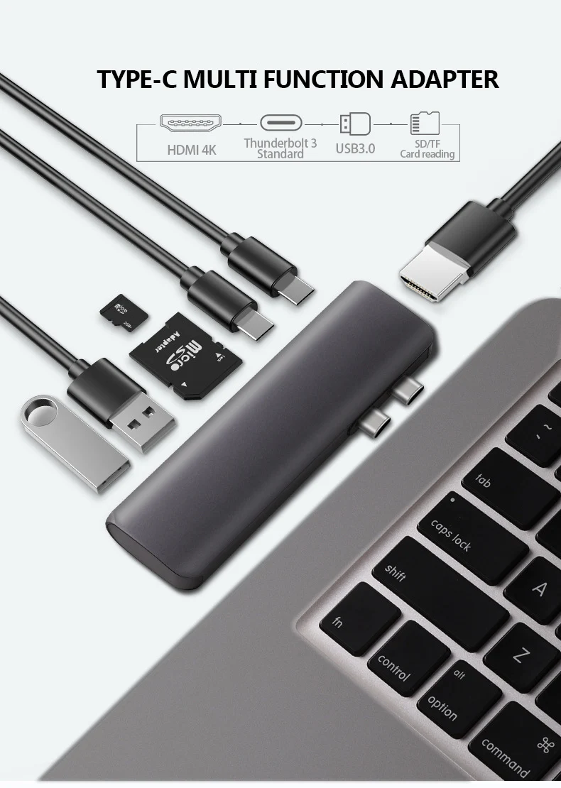 Utai T07 type-C концентратор для Macbook Pro/Air USB3.0 HDMI 4K адаптер 7 в 1 конвертер SD TF кард-ридер Thunderbolt 3 быстрая зарядка