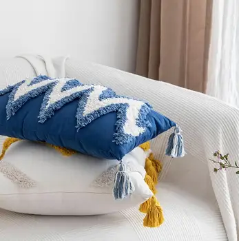 

CAMMITEVER Blue White Exquisite Flocking Cushion Cover Canvas Cushion Cover Square Waist Throw Pillow Cover Drop Ship Order