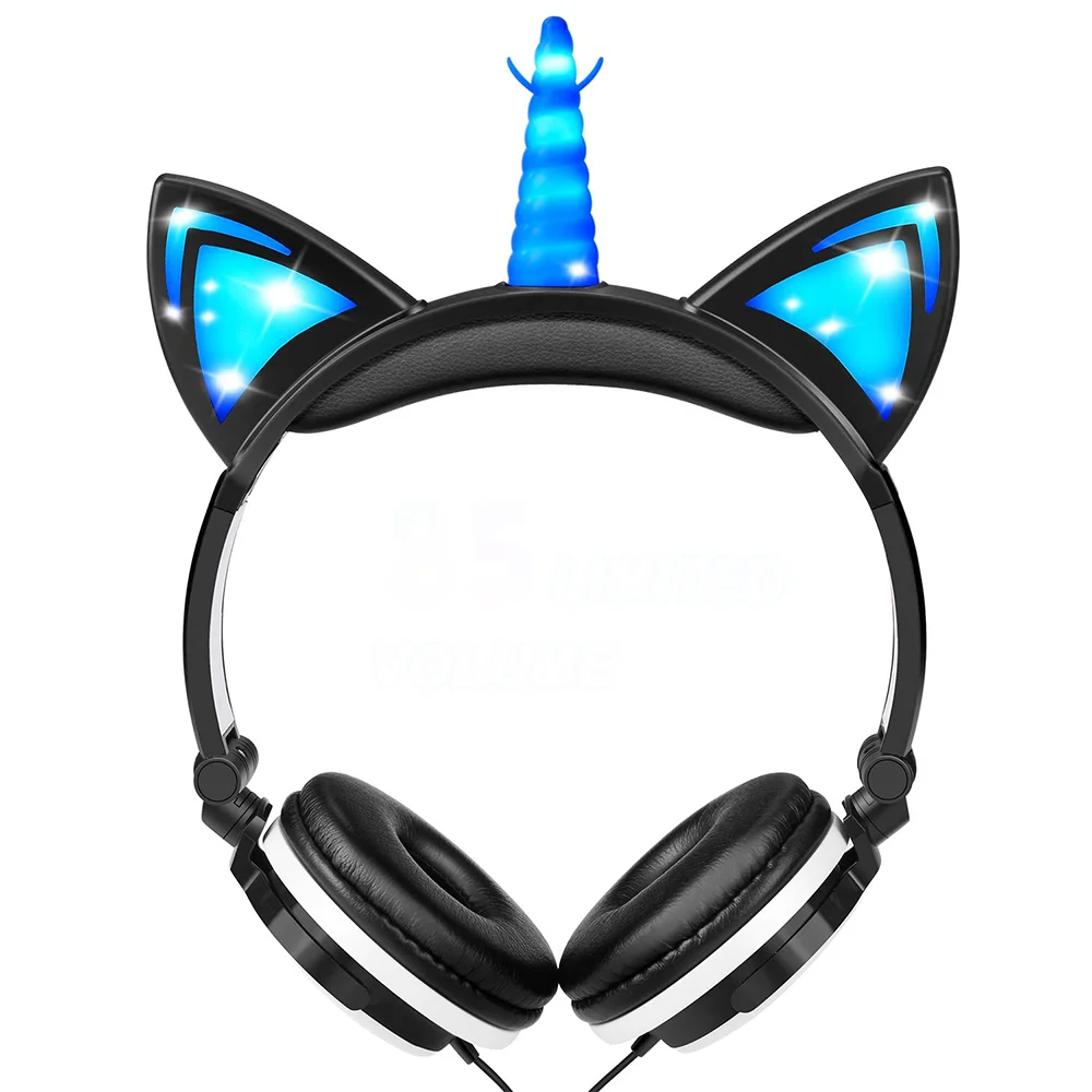Glowing Unicorn Cat Ear LED Light Up Wired Adjustable Foldable On Over Ear Headphones for Game Travel School Birthday Gift Girls
