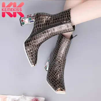 

KemeKiss Women Shoes Ankle Boots Square Toe Thick High Heel Zipper Colorful Crystal Stone Pattern Female Footwear Size 34-48