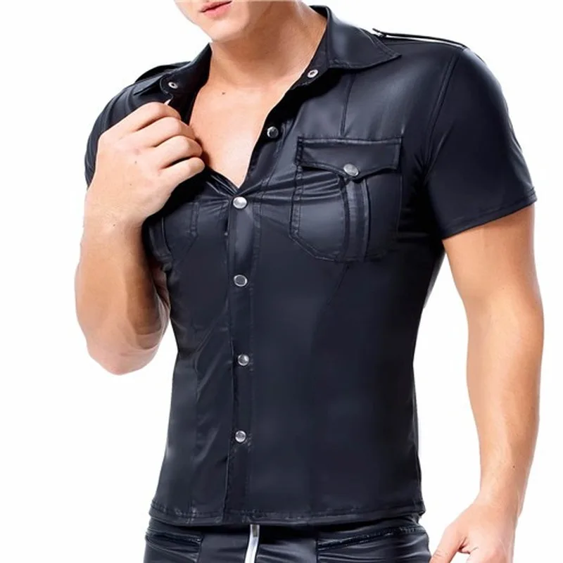 MensTshirtsPULeatherButtonTurndownCollarShortSleeveShirts