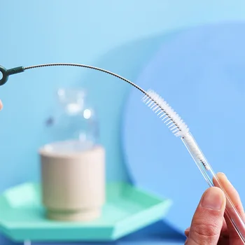

High quality nylon baby bottle cup mouth brush 304 stainless steel straw brush bag plain simple straw brush