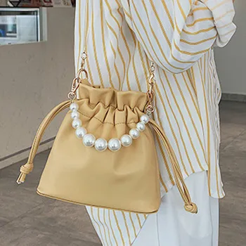 

Summer Chain Waist Bag Ladies New Pearl Bucket Bag Adjustable Size Waist Bag College Style Solid Color Leather Waist Bag #20
