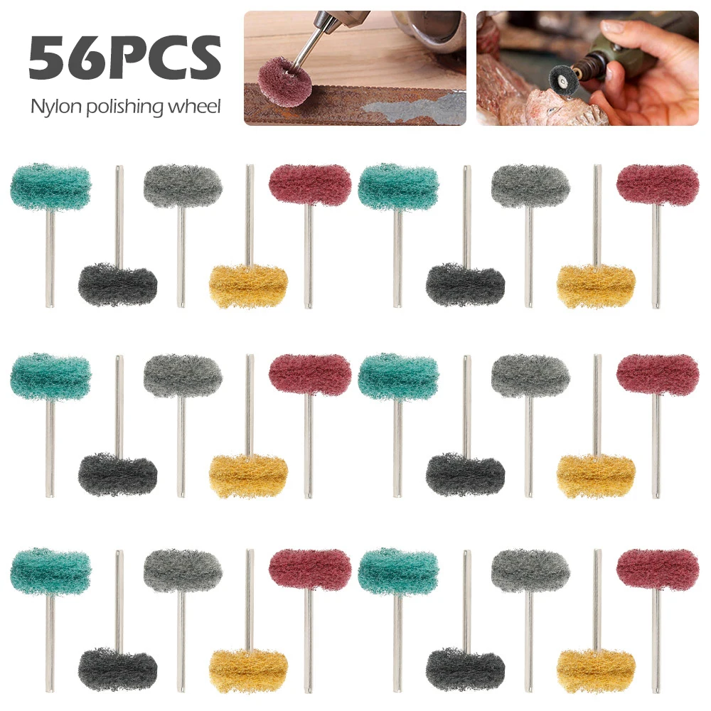 

56pcs/set Mini Brush Scouring Pad Abrasive Wheel 3mm 3mm Pole Grinding Sanding Head Buffing Polishing Wheel Set for Dremel