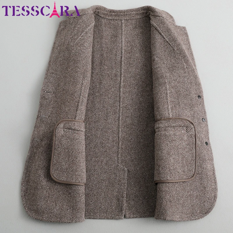 TESSCARA Женская Осенняя шерстяная смесь офисный Блейзер простая куртка-пальто женские высококачественные модные кашемировые куртки верхняя одежда и пальто