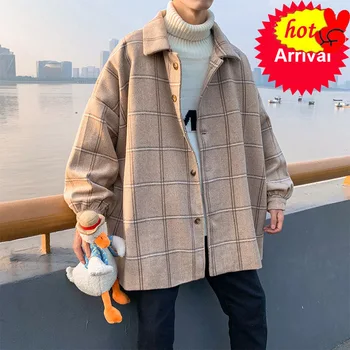 

Jacket Autumn Woolen Men's Fashion Retro Casual Tartan Woolen Coat Man Streetwear Wild Loose Male Jackets Men Outwear M-2XL