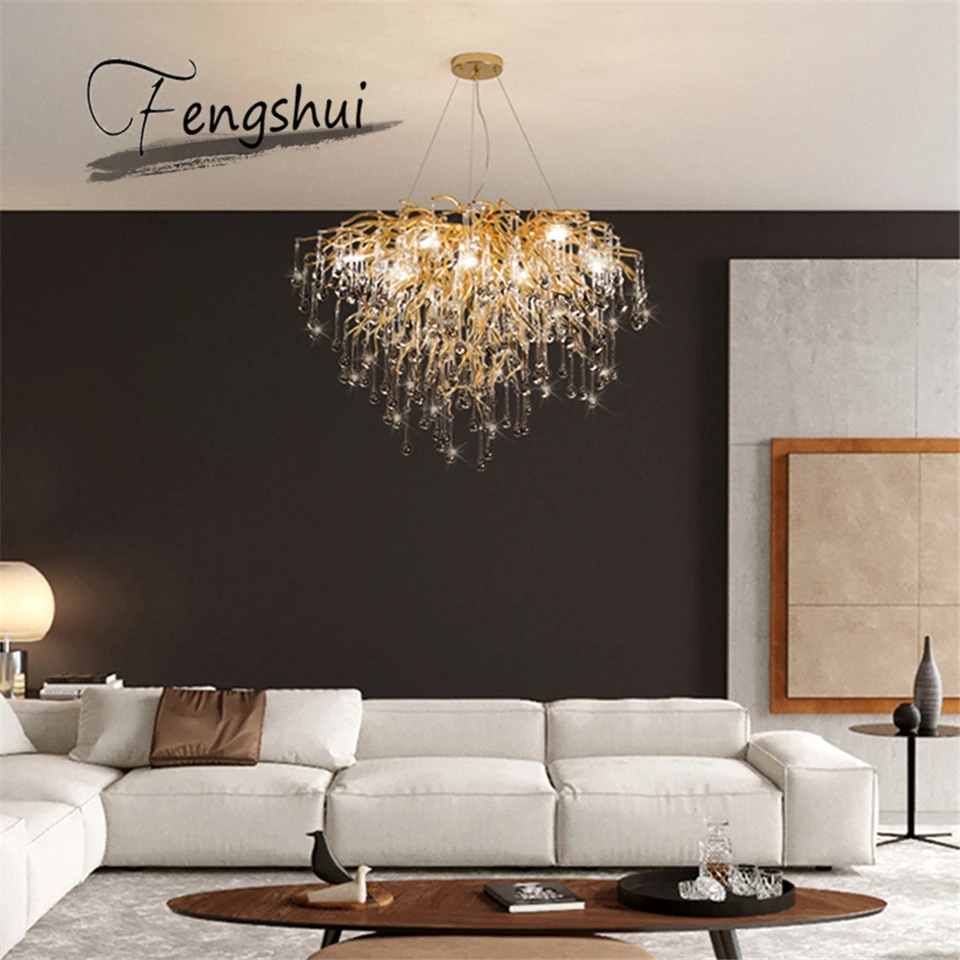 Nordic Luxury Gold Crystal LED Chandelier LOFT Villa Large Lustre LED Pendant Lamp for Living Room Hotel Hall Art Decor Lighting