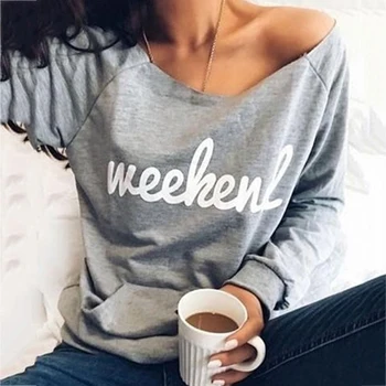 

Autumn and winter women's solid color English letter print strapless casual long-sleeved T-shirt top