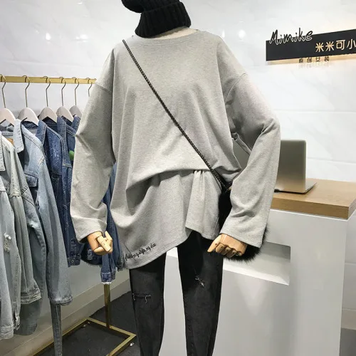 plus velvet grey Осень/Зима Новинка Вышивка буквы чистый цвет пуловер Футболка женская Свободная нижняя рубашка BF студенческие большие рубашки топы - Цвет: plus velvet grey