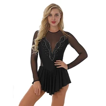 

Womens Long Sleeve Ruffle Skirted Leotard Dancewear Shiny Rhinestone Figure Ice Roller Skating Dress See-through Mesh Dress