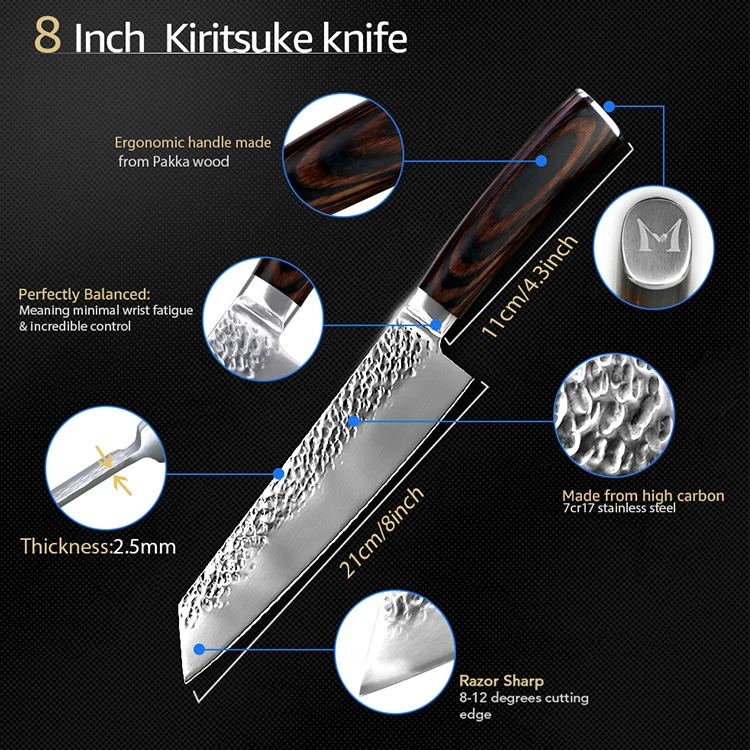 Кухонный нож, 8 дюймов, профессиональные японские поварские ножи 7CR17 440C, высокоуглеродистая Нержавеющая сталь, нож для мяса, нож сантоку