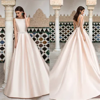 

Satin Champagne Wedding Dresses 2021 A Line Vestidos De Novia Beaded V Back Scoop Open Back Sleeveless Boho Bridal Gown