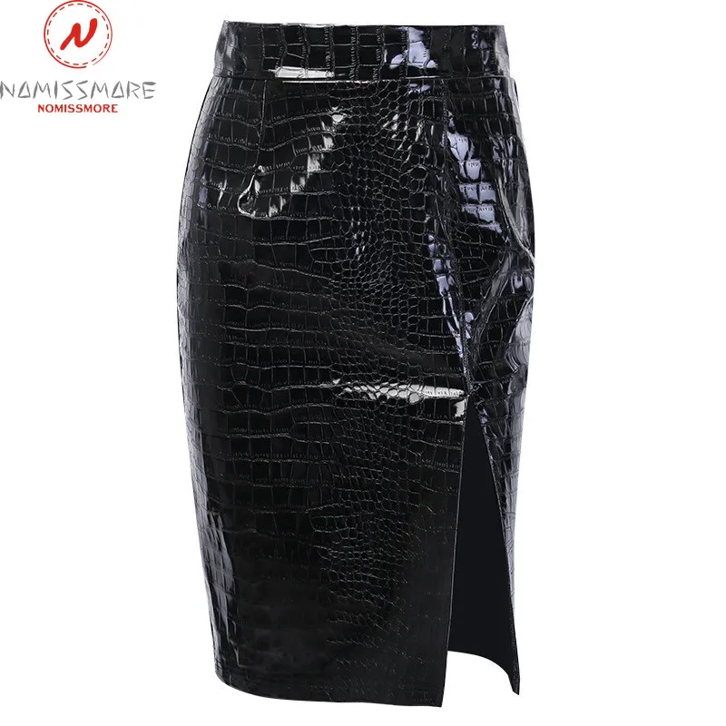England Style Women Pencil Skirts High Split Zipprt Decor High Waist Crocodile Skin Print Solid Slim Hips PU Leather Skirts