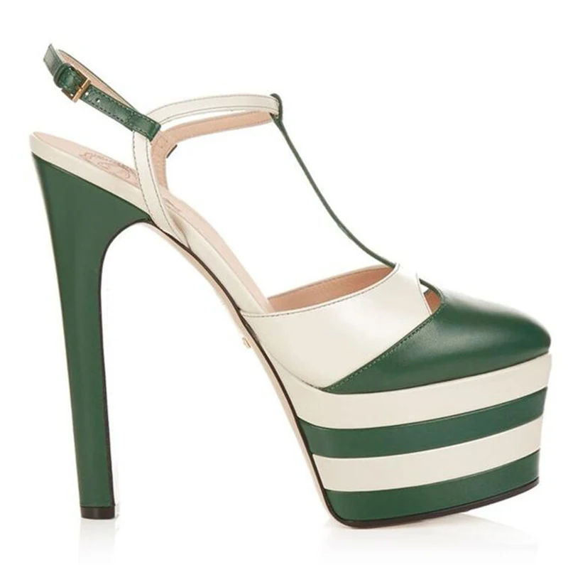 Босоножки с круглым носком; черные туфли-лодочки в готическом стиле; фирменные туфли-лодочки с открытым Т-образным ремешком; женские туфли-стилеты из змеиной кожи; Туфли на очень высоком каблуке 15 см с заклепками - Цвет: green striped