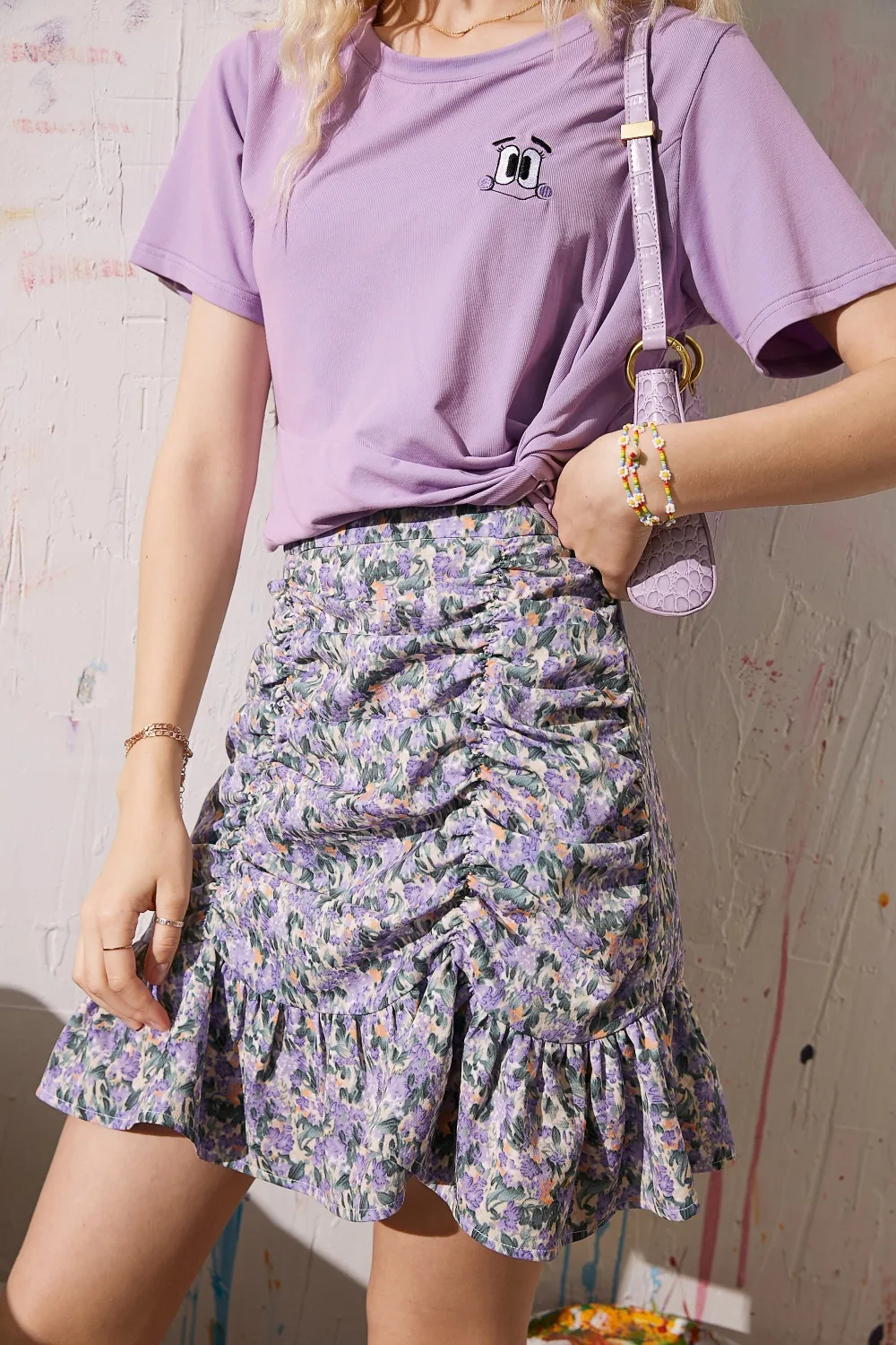 ELFSACK Yellow Oil Painting Floral Print A Line Women Ruffle Skirts 2020 Summer ELF Purple High Waist Korean Girly Holiday Skirt