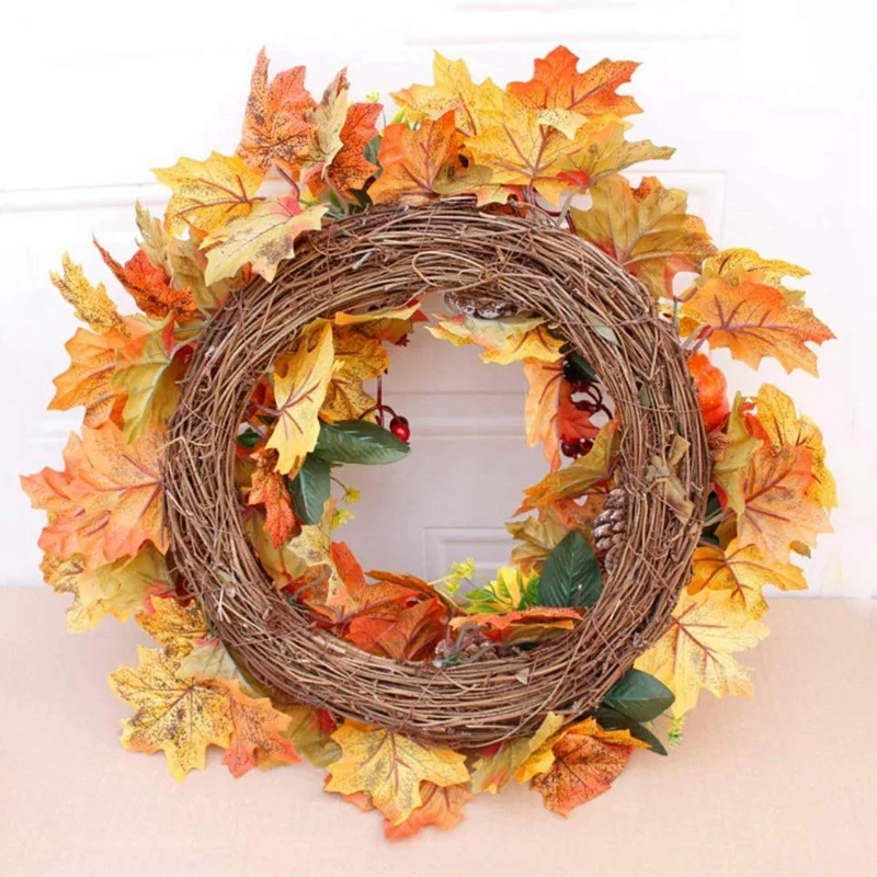 Autumn Theme Door Wreath Artificial Pumpkin Berries Pine Cone Maple Manmade Garland Cloth Rattan Material Home Decoration Suppli